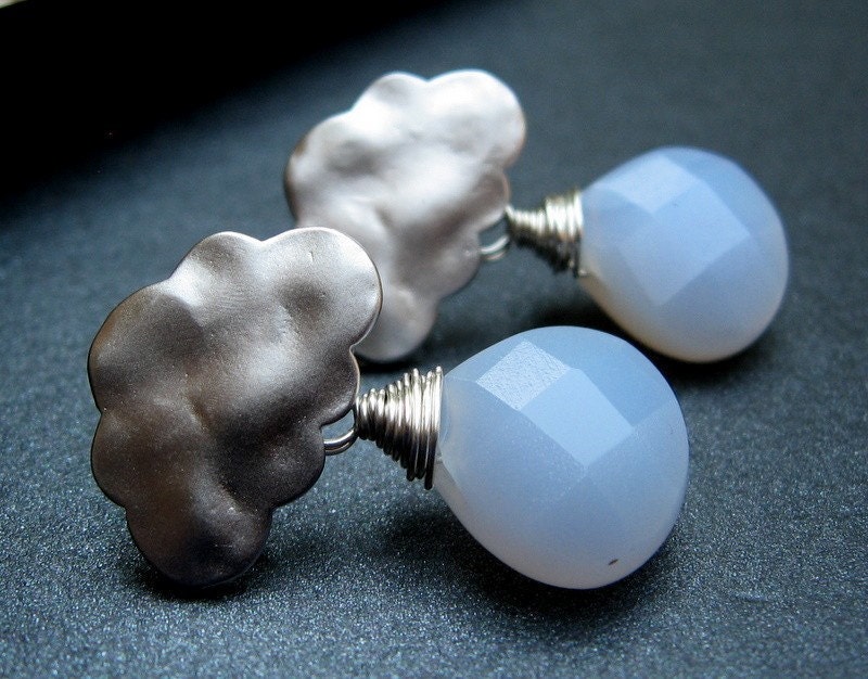 Silver Cloud Earrings, Light Blue Chalcedony Briolettes, Rainy Day, Rain Clouds, Silver Cloud Posts - Raindrops