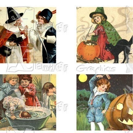 Vintage Halloween II - 8.5 x 11 inch Printable Digital Collage Sheet -  with 40 - 1 Inch Square Images