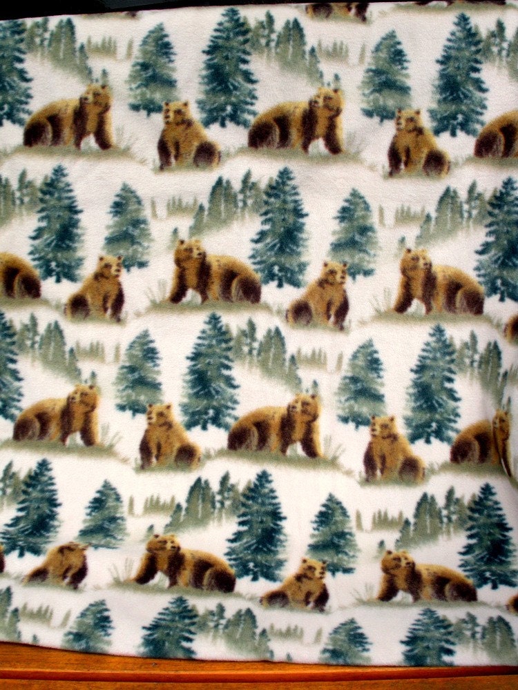 Warm Cozy Grizzly Bear Fleece Blanket Forest Green Brown Bears Rustic Cabin Throw Gift