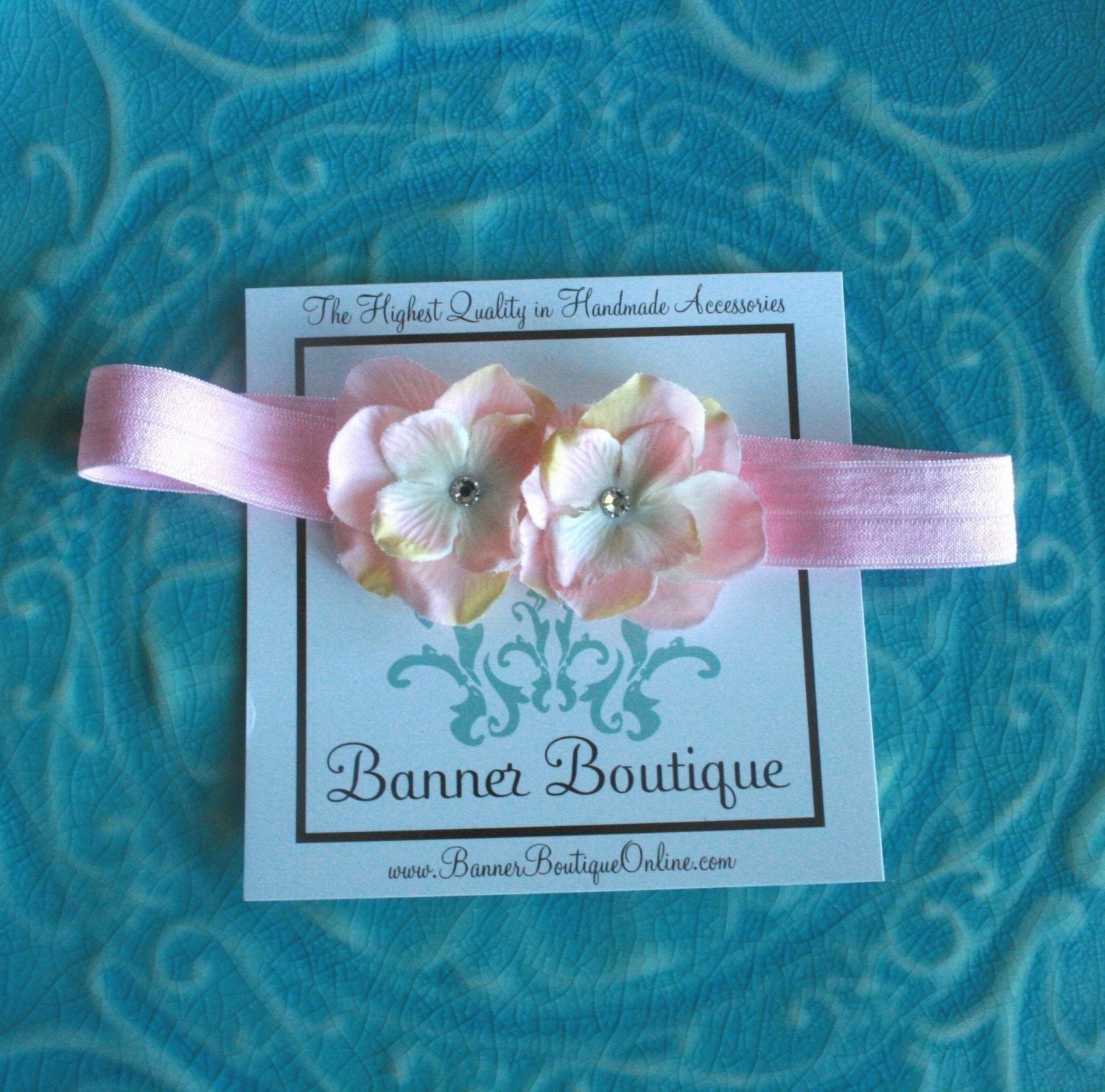 Sweet Pink and Taupe Double Dainty Flower Headband with Swarovski crystal centers  Fits infants trhough adult