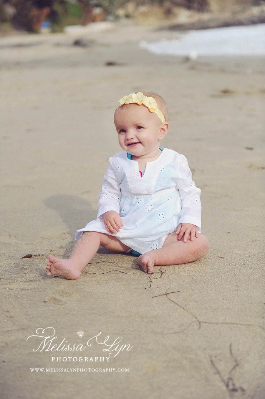 Sunny Day Yellow Triple Small Flower Headband on Soft Yellow Stretch Ribbon Headband  Infants Baby Toddler Girls