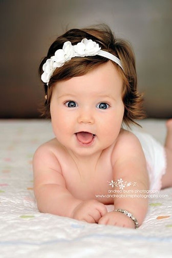 Stark White Headband, Off White Headband, OR Cream Flower Headband on Soft Stretch Headband ALL Sizes... Baptism, Christening, Wedding