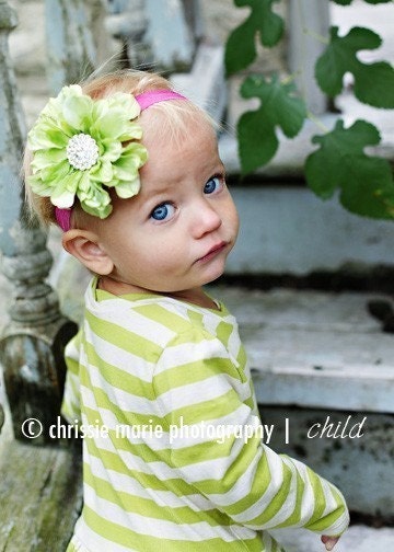 Color Collection Bright Zinnia Flower Headband with XL Rhinestone center Variety Of colors available