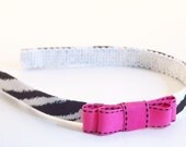 Zebra Headband - Black and White with Fuchsia Bow - 1/2 inch width