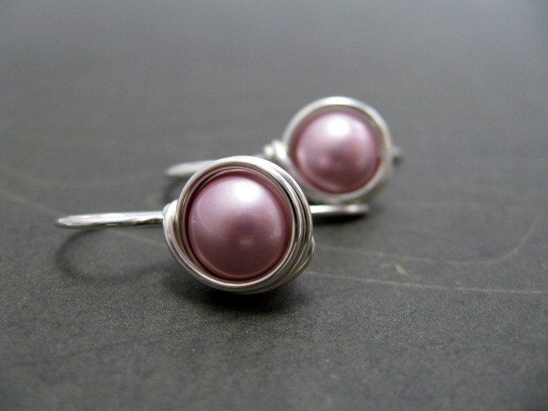 Pink Pearl Earrings, Petite Swarovski Pearl Drops, Powder Rose, Sterling Silver, Wire Wrapped