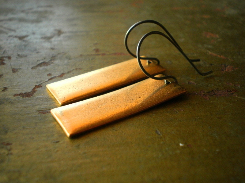Fort Knox Gold Bar Earrings on Handmade Artisanal Oxidized Sterling Silver Ear Wires