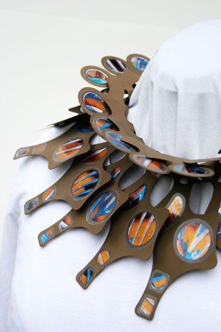Golden Statement Necklace - yellow egyptian style collar necklace in titanium photograph resin inlay, silver leaf