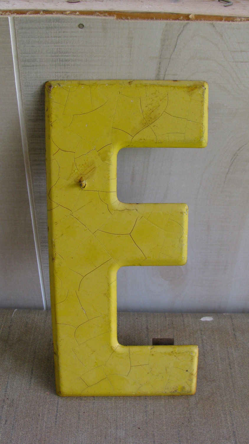 Vintage Letter E Sign - Yellow - Rusty Metal Chippy - Industrial Retro Shabby Chic - HaywoodCreekVintage