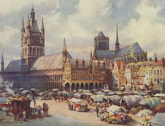 Ypres, Belgium: The Market Place,1915, Cloth Hall, Grand Place, Cathedral, St. Martin's, Douglas Snowdon