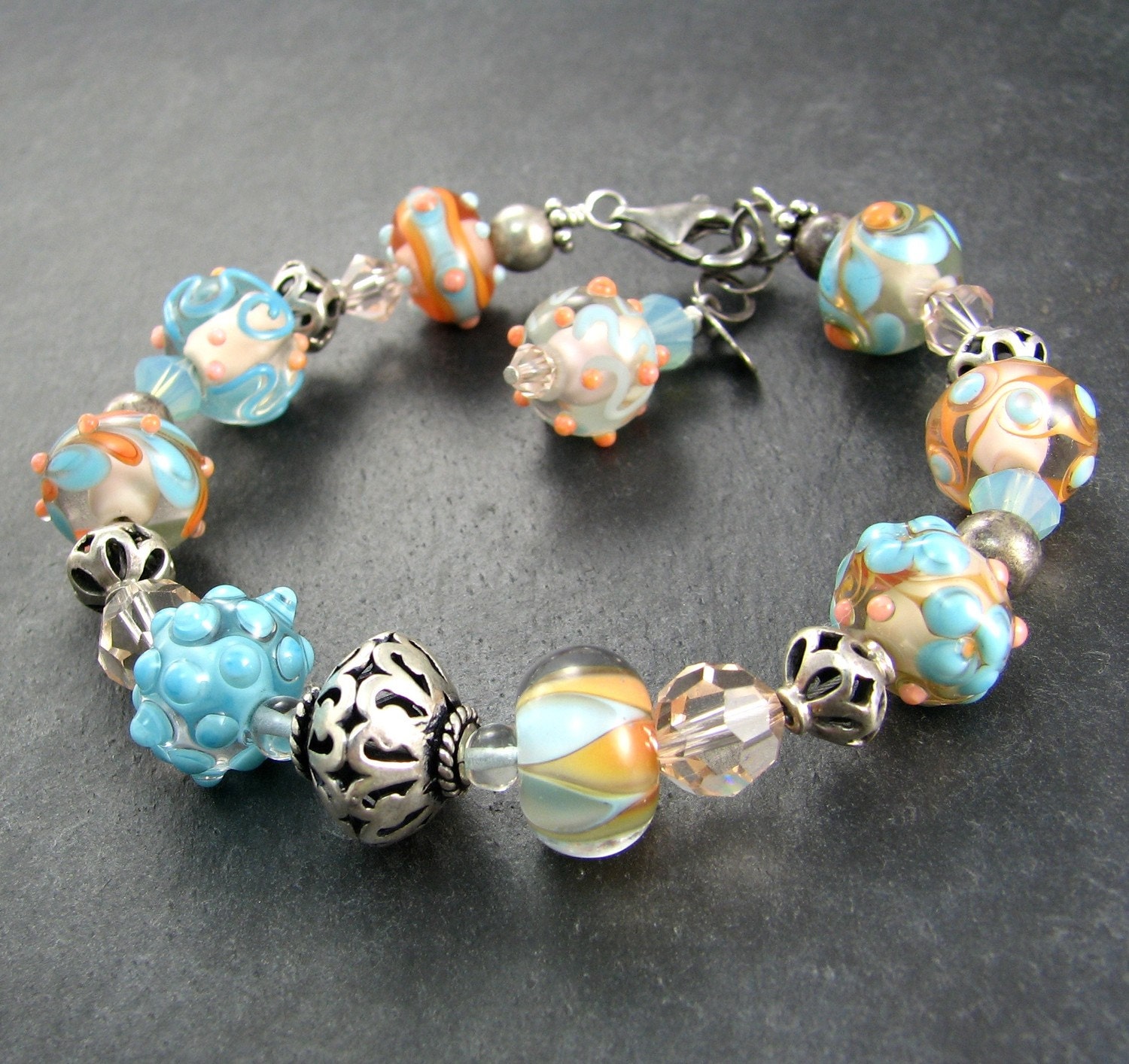 Aqua and Peach artisan lampwork bracelet Spring Fresh
