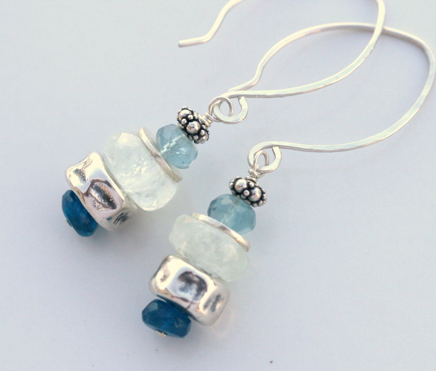 Moonstone, blue apatite, flourite gem stack earrings