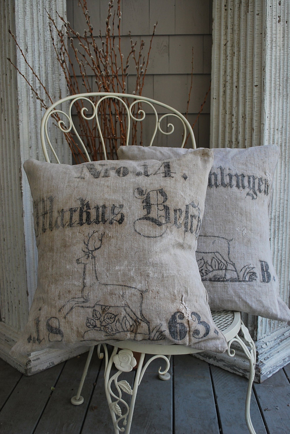 Pillow pair, Reindeer, Antique European linen