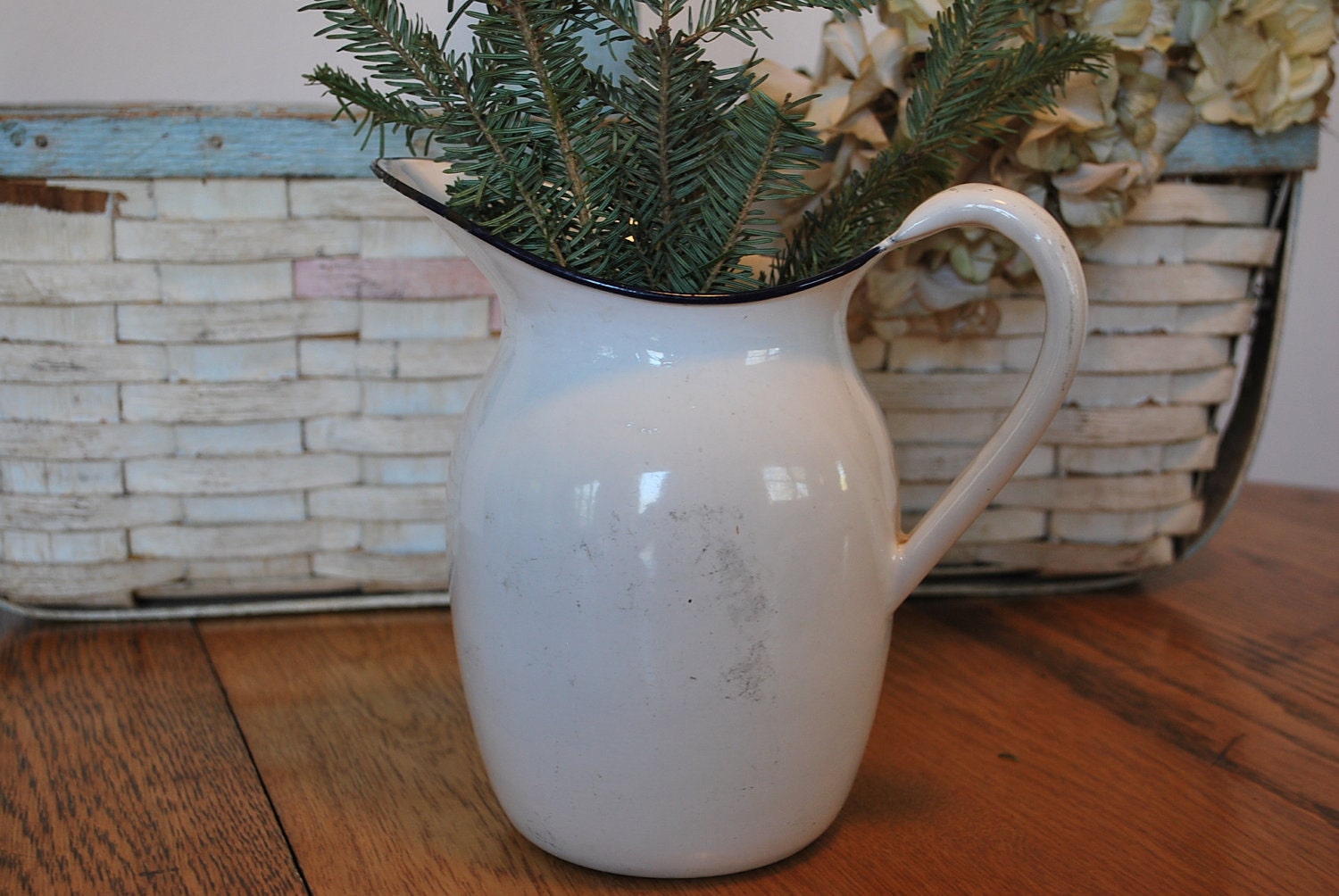 Vintage Enamelware Pitcher, white with blue rim