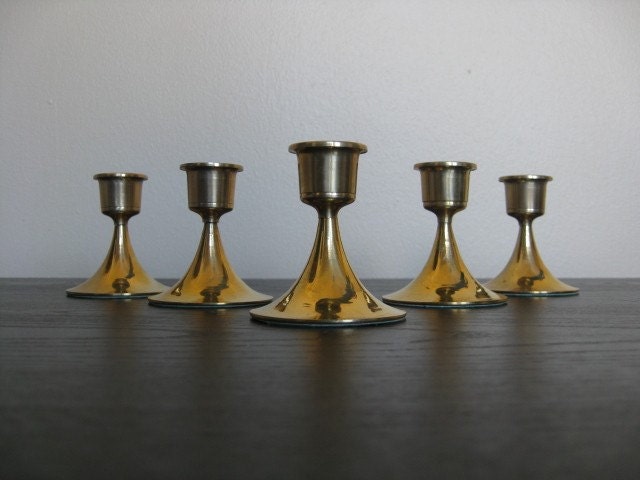 Vintage Brass Pillar Candle Holders. Set of 5.