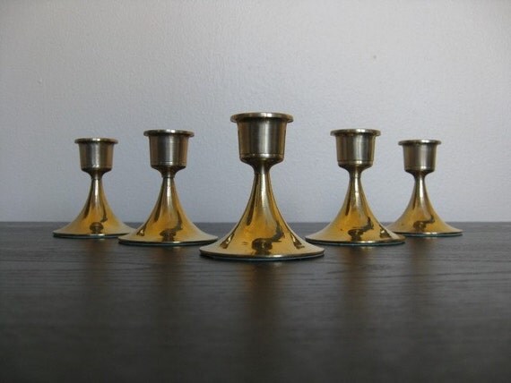 Vintage Brass Pillar Candle Holders. Set of 5.