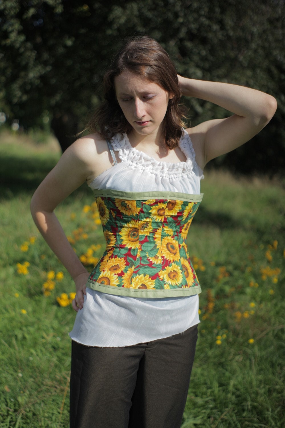 Orange Plaid and Sunflower Reversible Corset