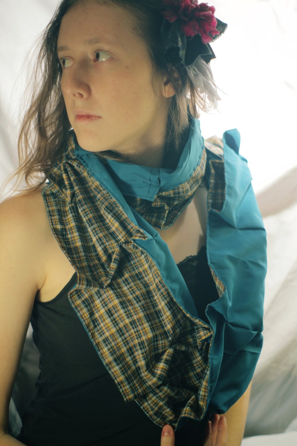 Plaid and Teal Pleated Fabric Fashion Scarf