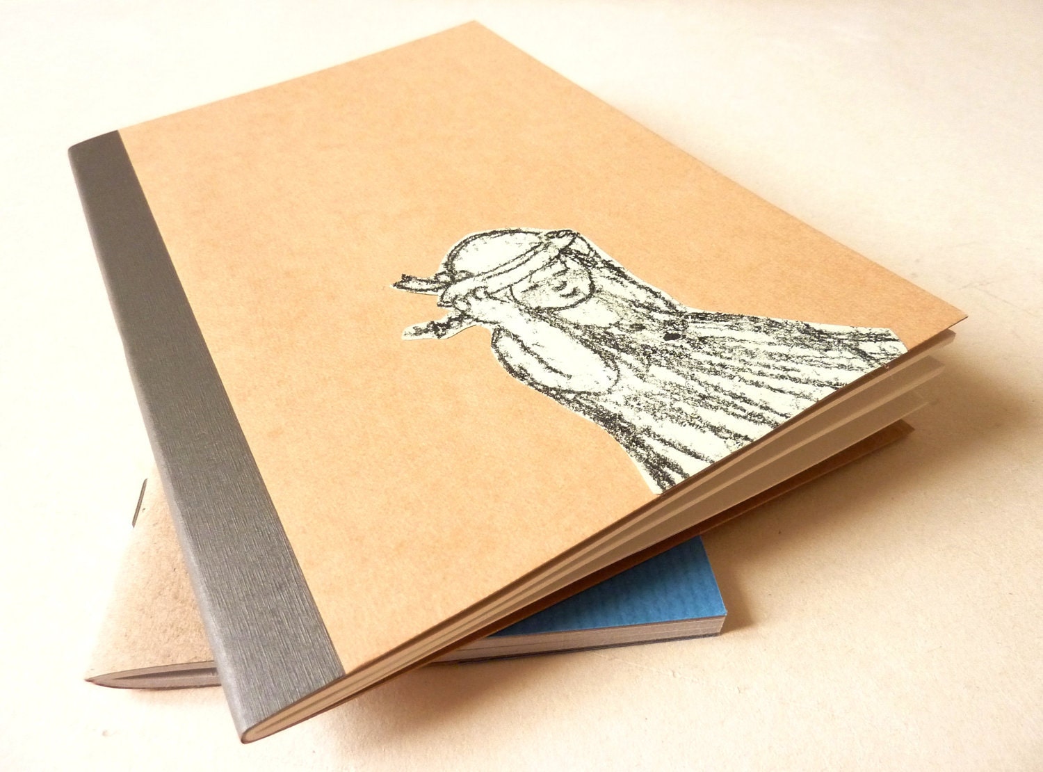 Art Notebook journal personalized ecru ink drawing - girl holding her hat -