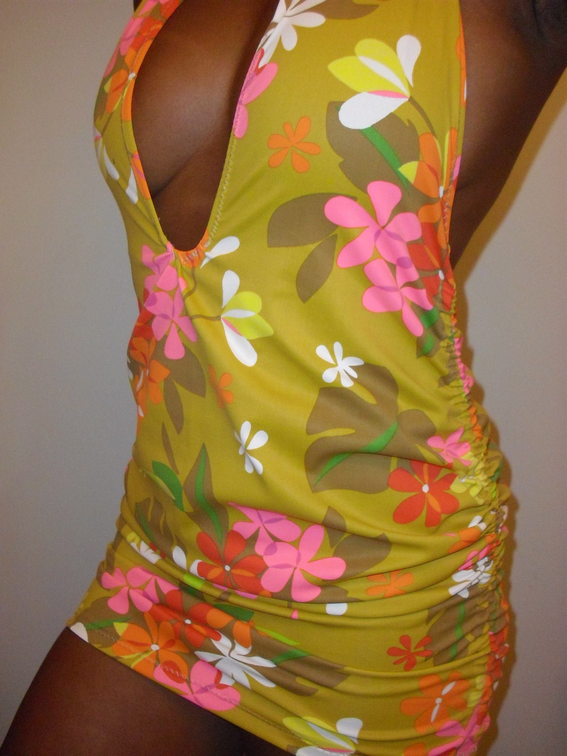 Deep-V One Piece Swimsuit with Gathered Skirt