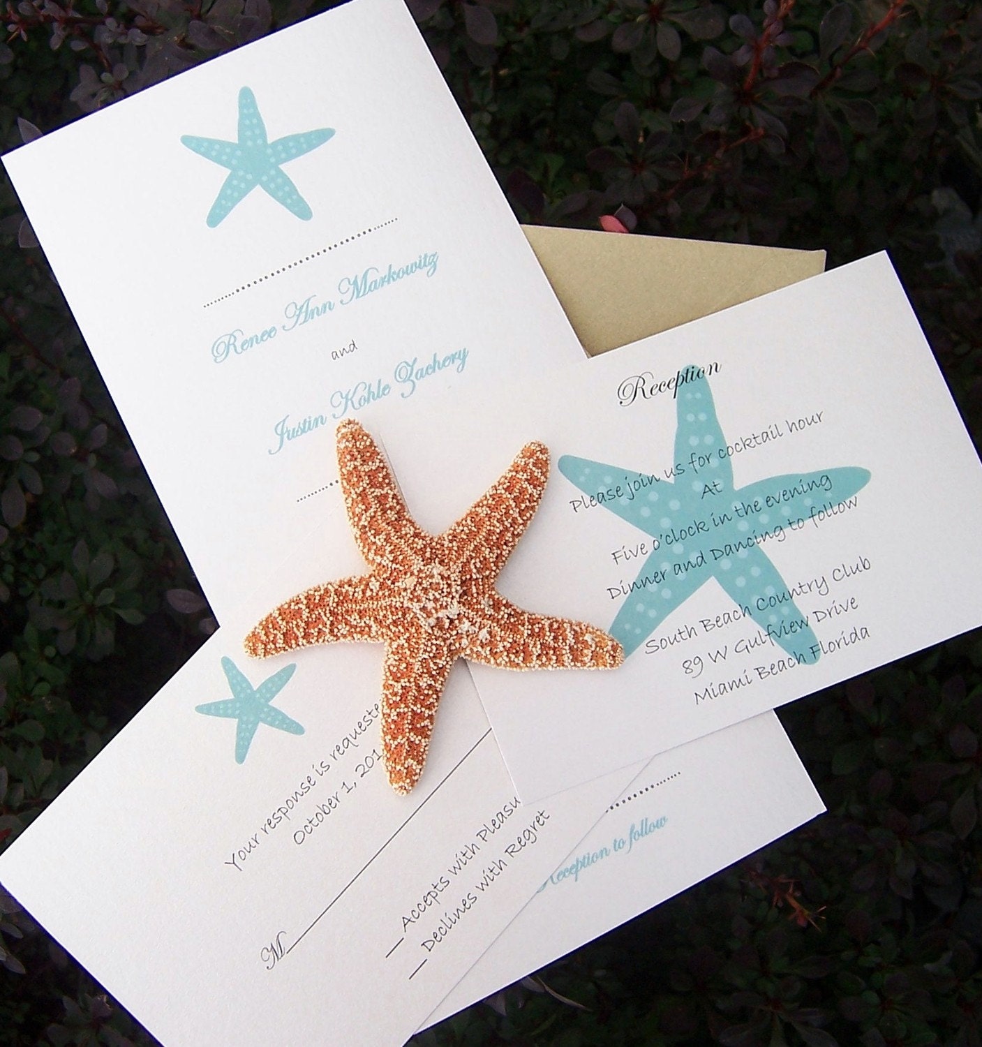 Seaside wedding invitation, beach wedding invitation, destination invitation, starfish invitation