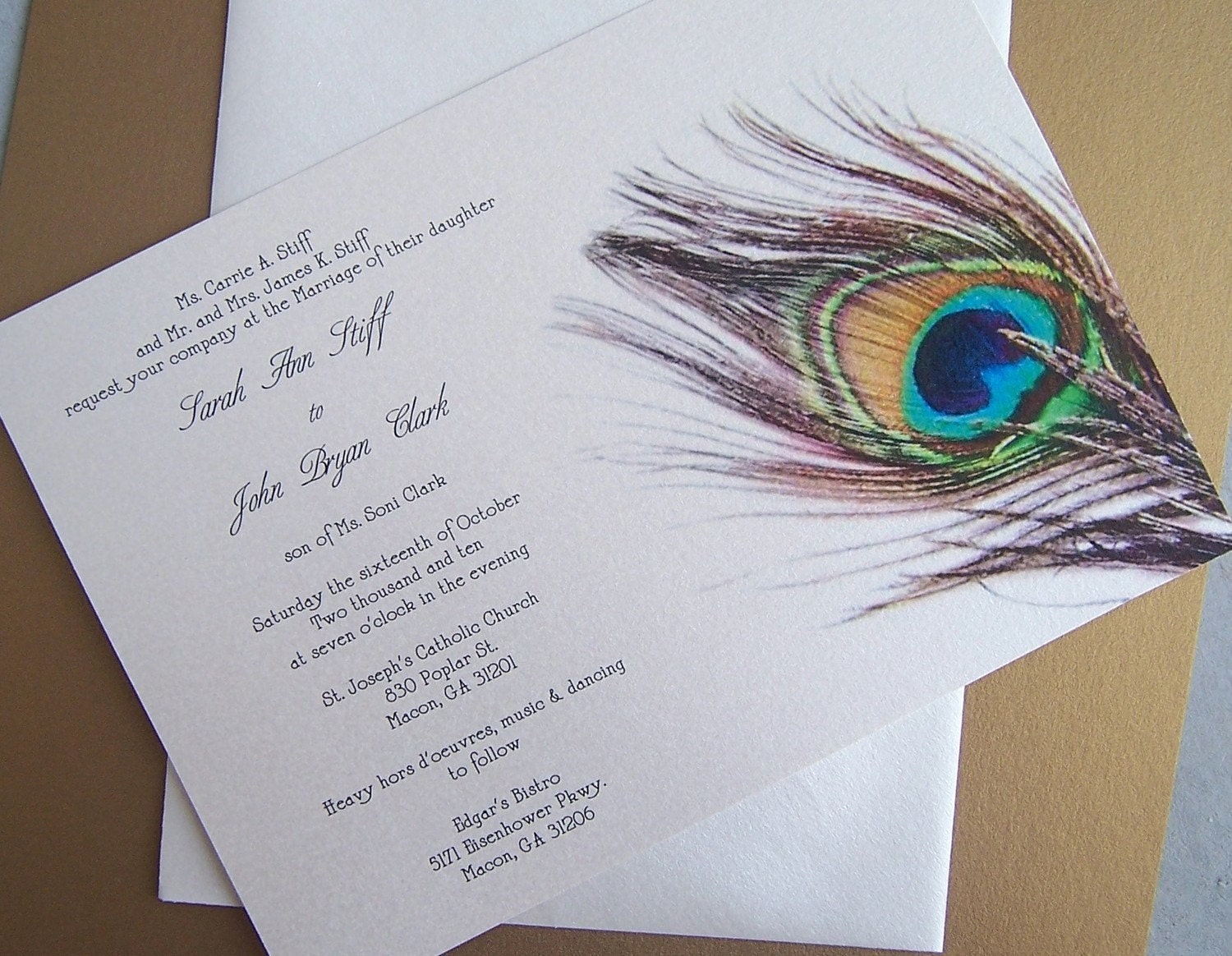 Peacock wedding invitation, teal, gold, ivory, navy wedding invitation, shower invitation, elegant wedding invitation