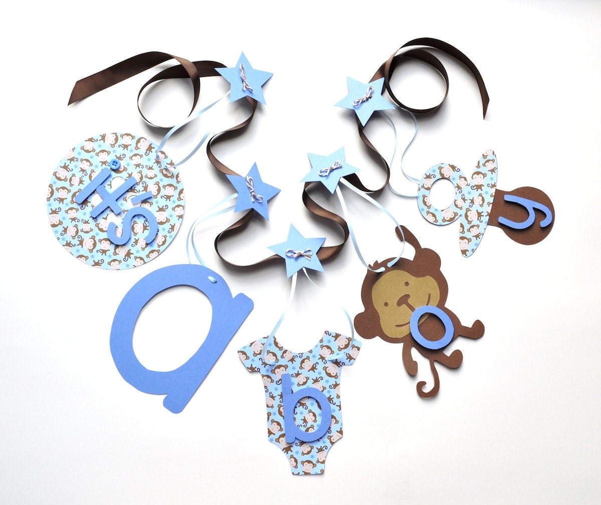 Monkey baby shower decorations blue and brown it's a boy banner by ParkersPrints on Etsy Il_170x135