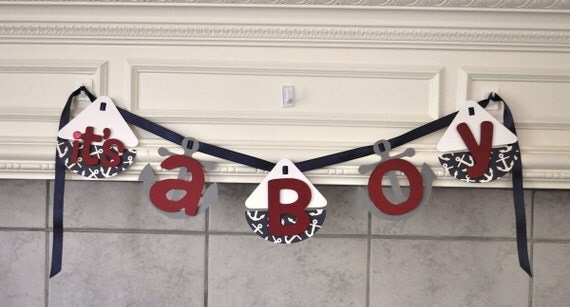 Nautical baby shower decorations navy blue sailboat and anchor banner by ParkersPrints on Etsy