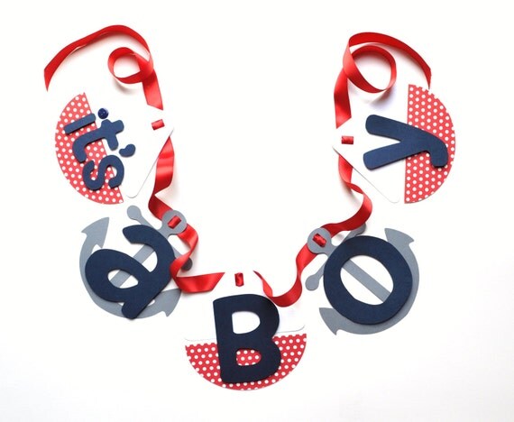 Nautical baby shower decorations navy blue and red sailboat and anchor banner by ParkersPrints on Etsy Il_570xn