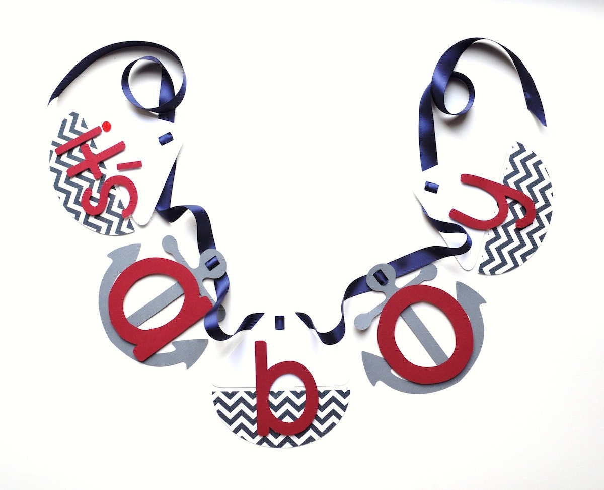Nautical it's a boy banner navy blue and red chevron baby shower decorations by ParkersPrints on Etsy Il_570xn