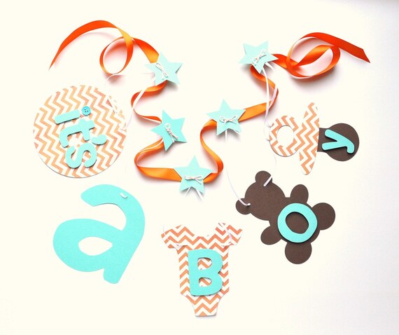 Orange and turquoise baby shower decorations, chevron it's a boy banner by ParkersPrints on Etsy Il_570xn