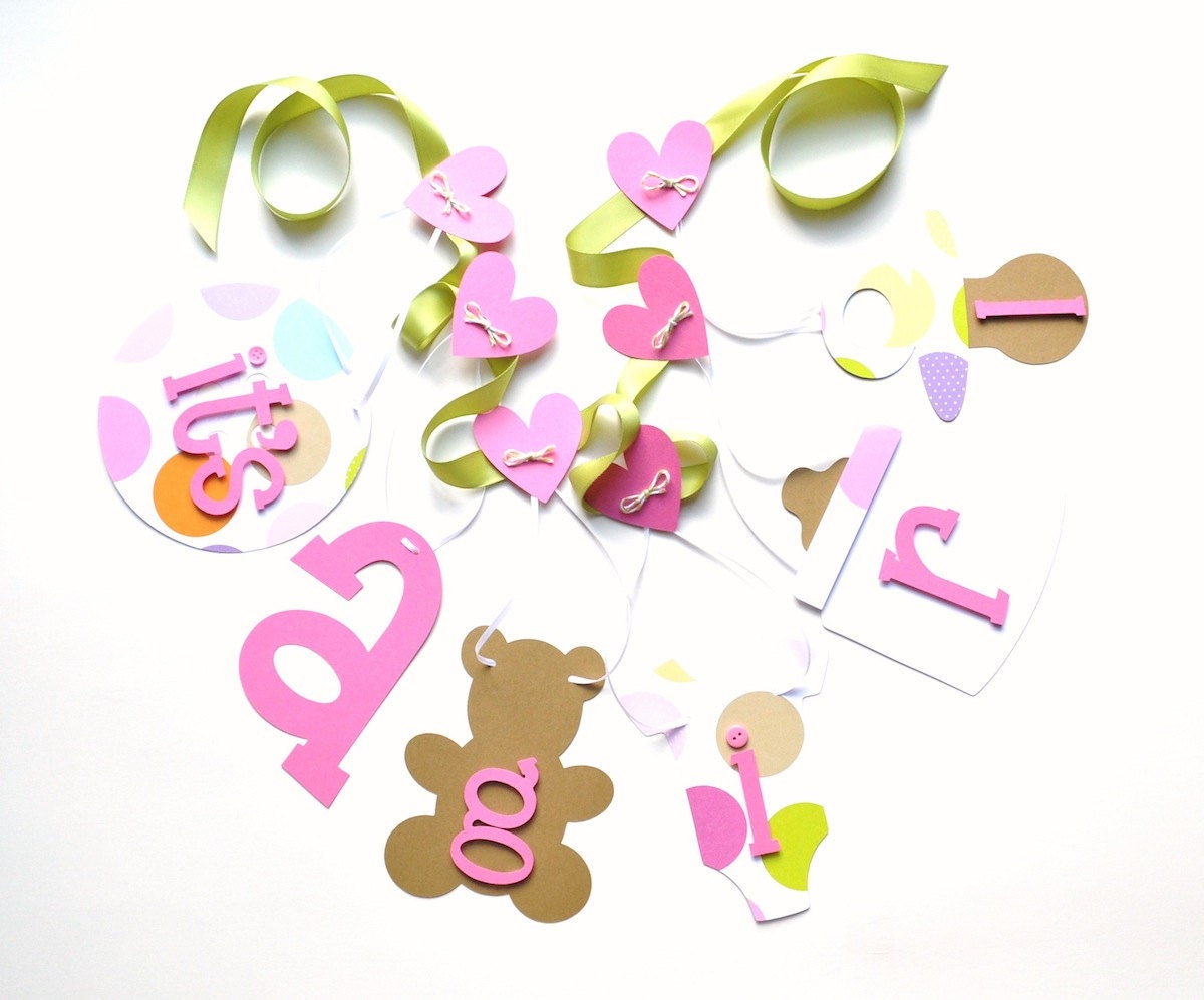 Baby shower decorations multicolor polka dot white pink green it's a girl banner by ParkersPrints on Etsy Il_570xn