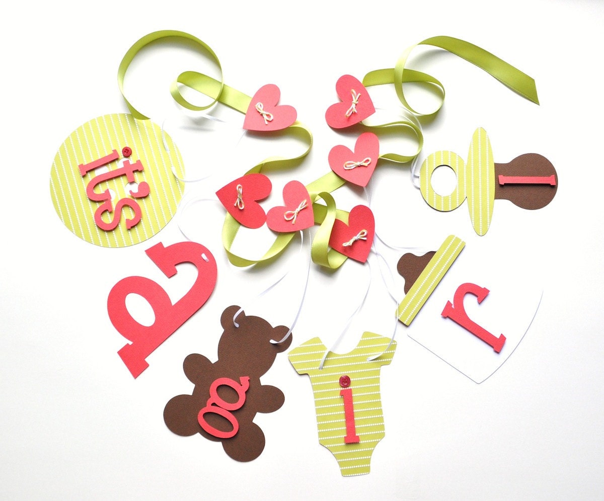 Watermelon baby shower decorations coral and green it's a girl banner by ParkersPrints on Etsy