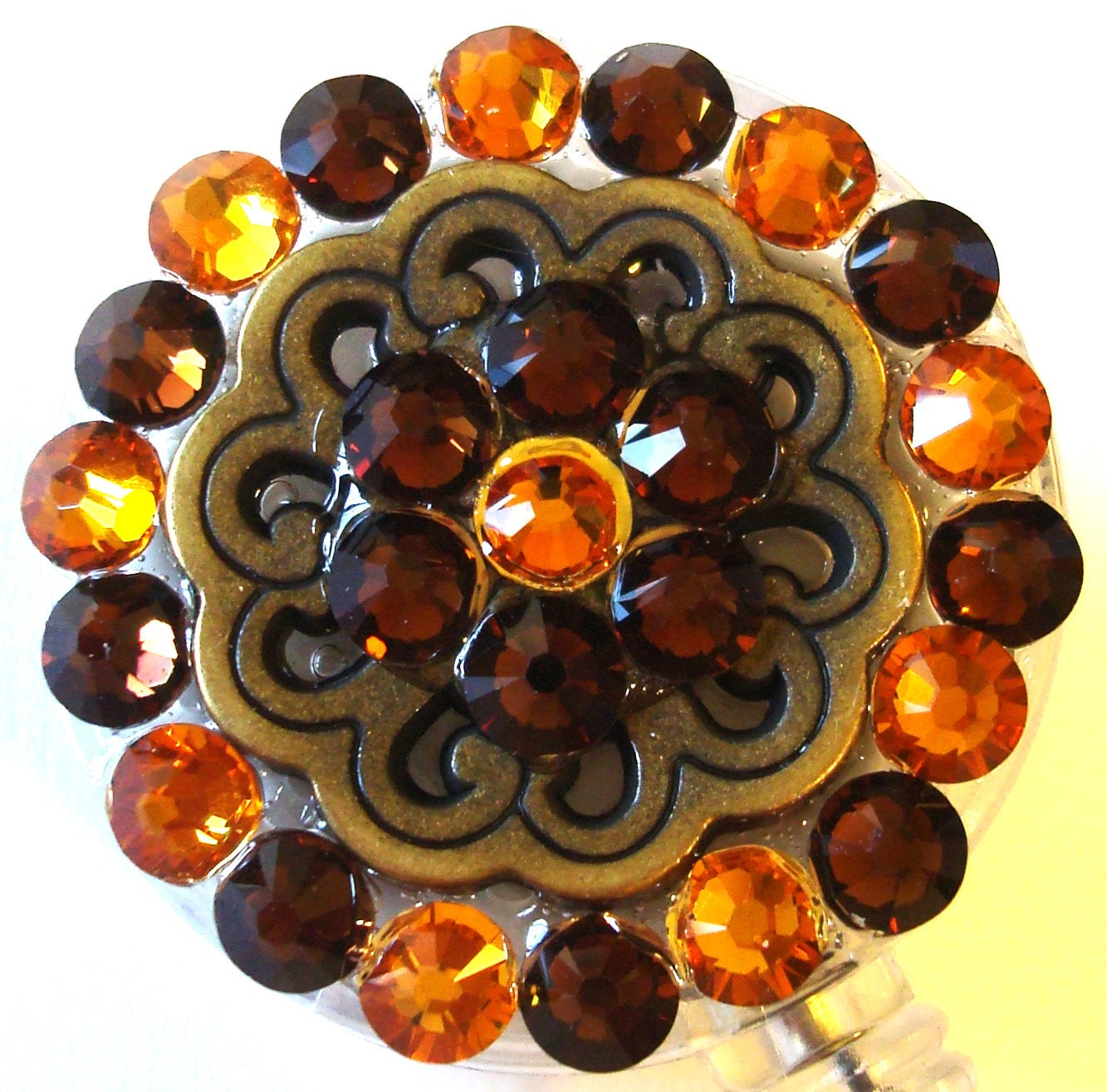 Brown and Gold Toned Button and Swarovski Crystal Embellished Swivel-Back ID Badge Reel