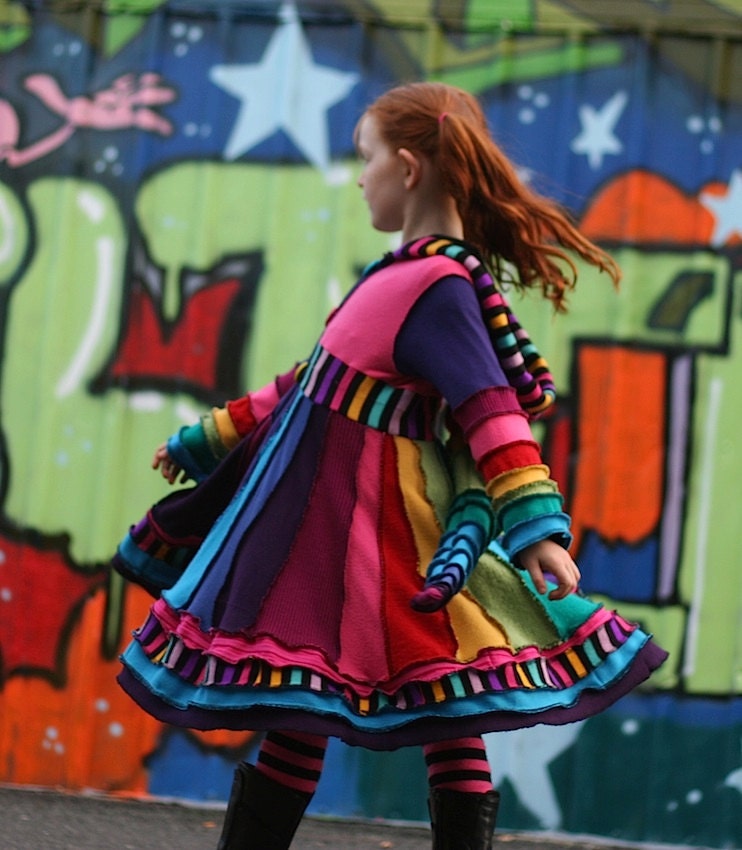 DEPOSIT ONLY Girls Pixie Coat. "Over The Rainbow" Custom made sizes T2, 3, 4, 5, 6, 7, 8 Upcycled Sweater Couture