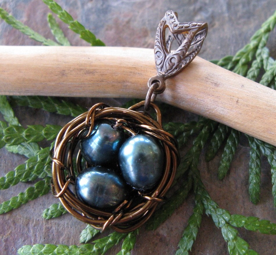 Precious Handwoven Bird Nest with Pearl Eggs and Bail
