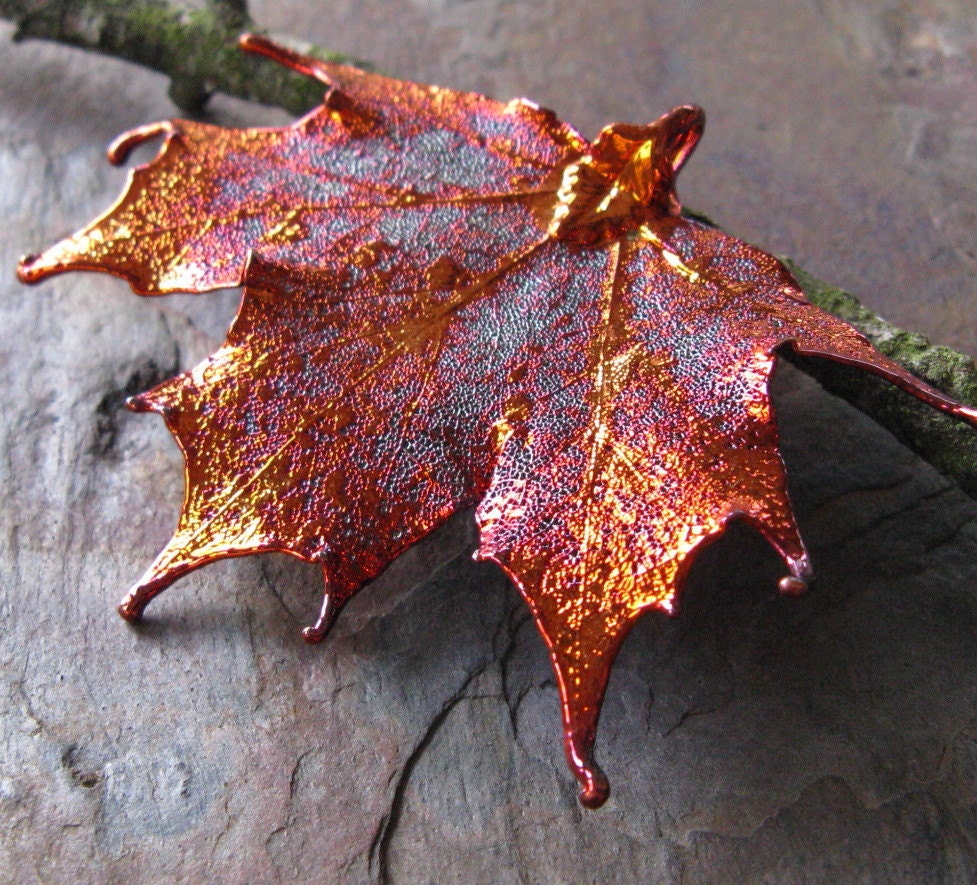 One Iridescent Copper Dipped Sugar Maple Leaf Pendant APX 60x70mm