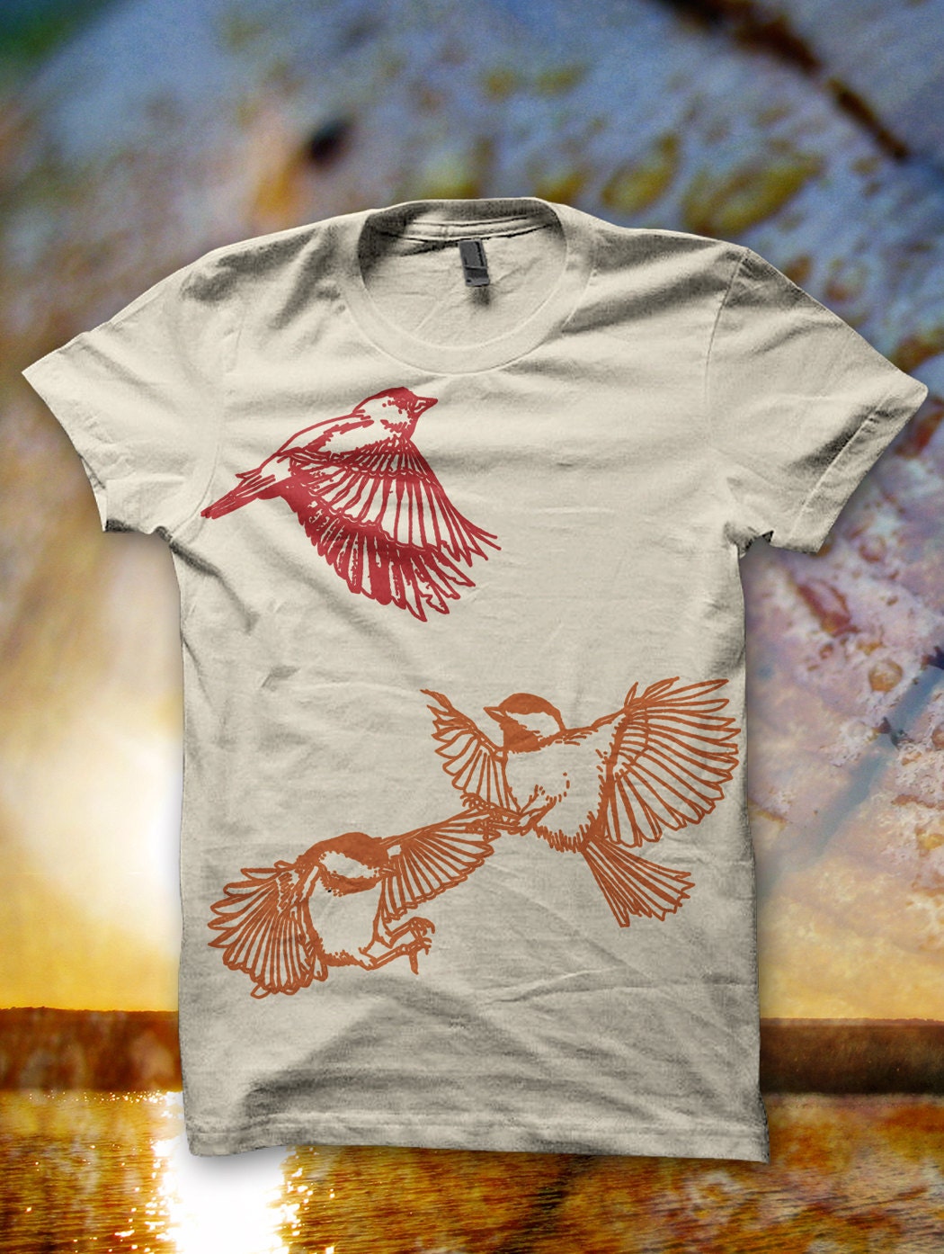 Women's Flying Finch and Chickadees Bird Tshirt Screenprint Shirt Forest and Fin Screenprinted Graphic Tee - Cream
