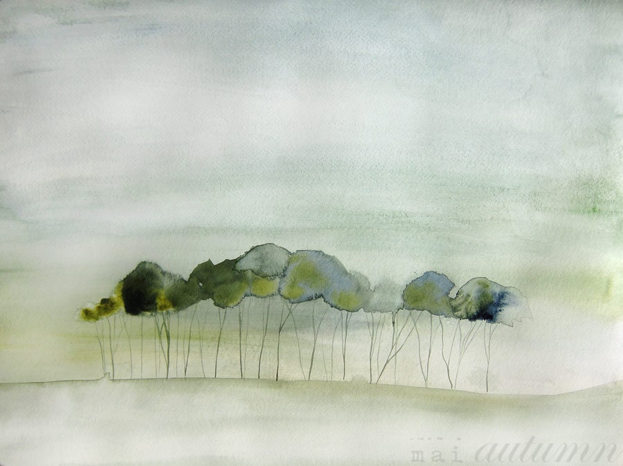 30% Off SALE - Quiet - Landscape Painting - Art Watercolor - Trees  in Green - Large Print 16x20 - Poster - Wall Art - Wall Decor