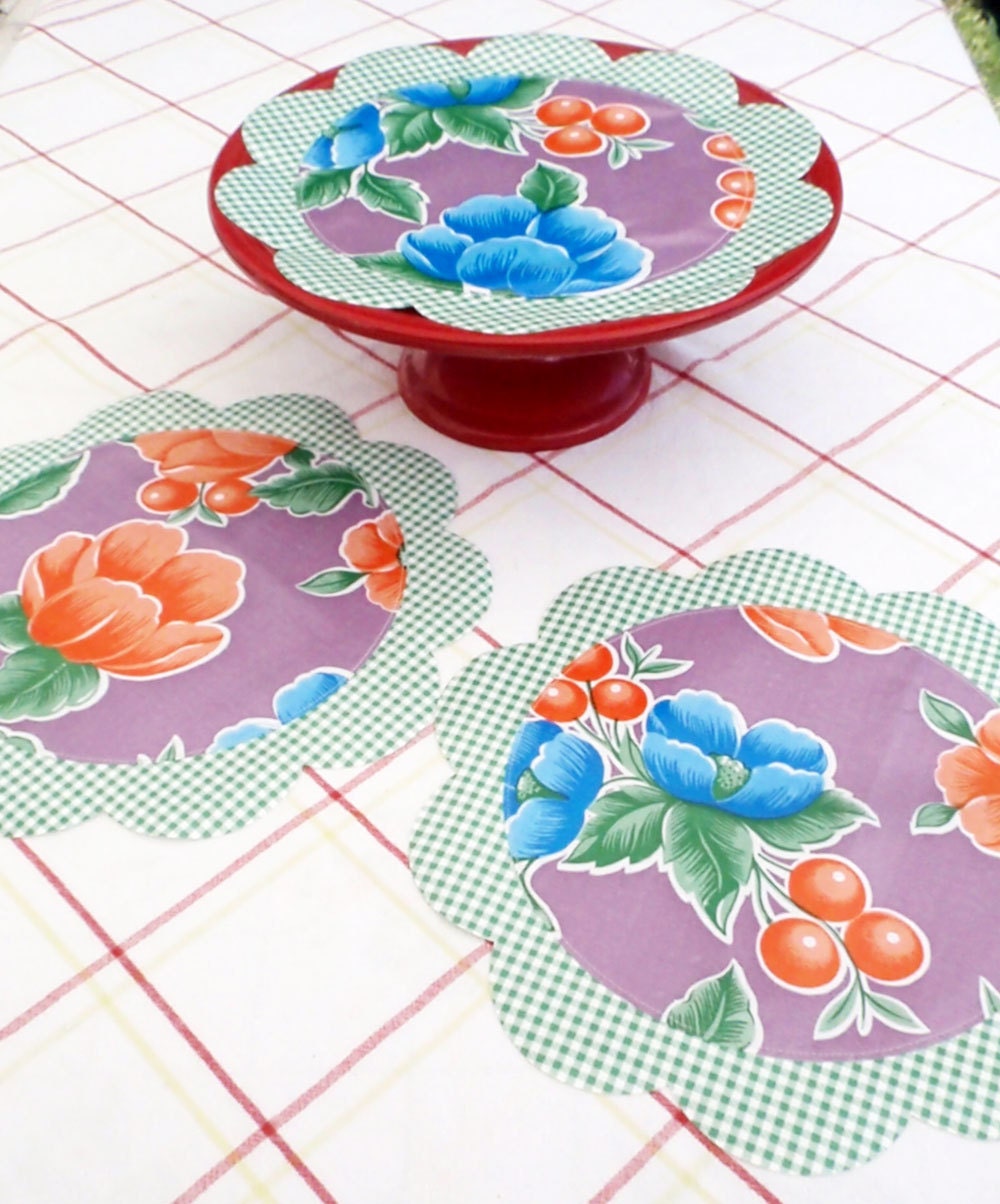 Set of 3 Oilcloth Doilies - Poppies