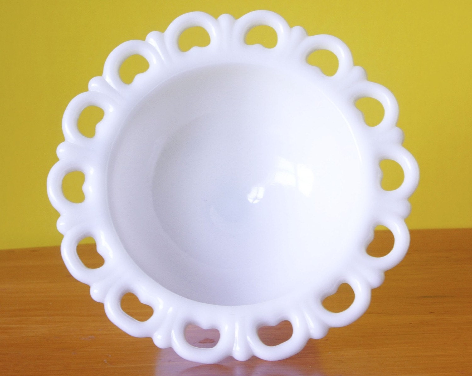 Vintage Footed Heart Lace Edge Milk Glass Bowl