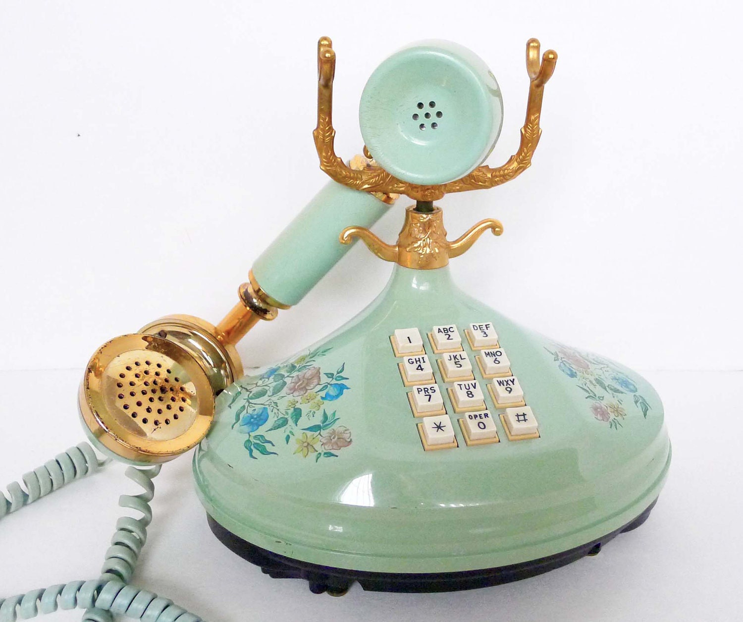 Vintage Empress Mint / Light Teal Florals Printed Princess Phone