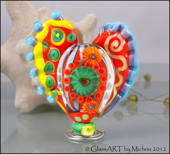 MICHOU A. Lampwork Beads -  Large glass heart focal bead, yellow and red,  with handpulled murrinis and little drawings  "Burning Heart"