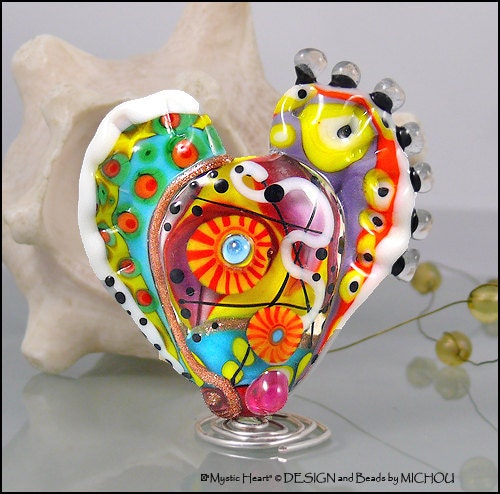 MICHOU Anderson Lampwork Beads -  Large glass focal bead in yellow, purple, red and white "ART Heart"