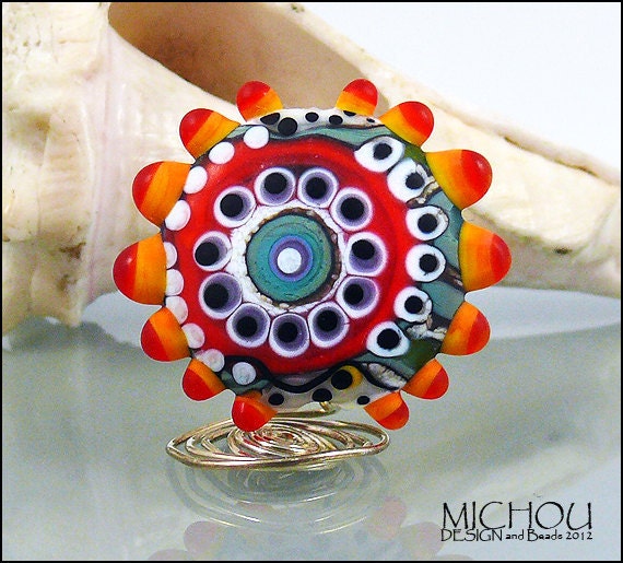 OCEAN creatures Nr. 2, Lampwork Glass bead in the shades of blue, grey and green, red, purple, orange, white and black by Michou