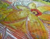 MarveLes DAISY SPARKLE Fabric Paper Collage Art Quilt peach, lime green