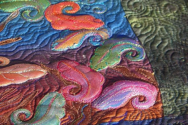 MarveLes LEAVES At DUSK Original Painted Art Quilt in blue, green, navy, brown, red, rust, gold