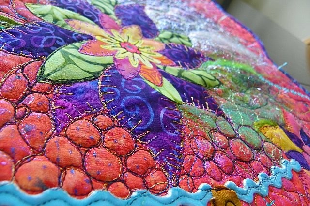 MarveLes SCATTER JOY Art Quilt Orange Turquoise Glitz Glitter