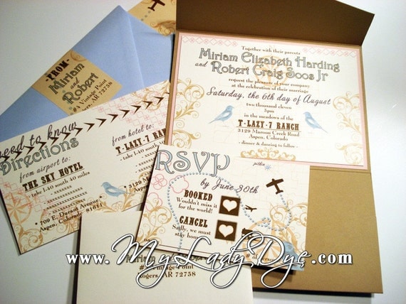 Super Cute Atlas Map Vintage Modern Rustic Pocket-Fold Wedding Invitation - Scrolls, Bird, Map - By My Lady Dye
