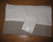 Khaki clutch purse.  Button closure handbag.  HANDMADE upcycled bag made from khakis and a buttondown shirt.