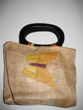 Yellow butterfly embroidery purse handbag bag.  Handmade from embroidered Quaker lace vintage placemat.  Wood handles.  Polka dot lining.